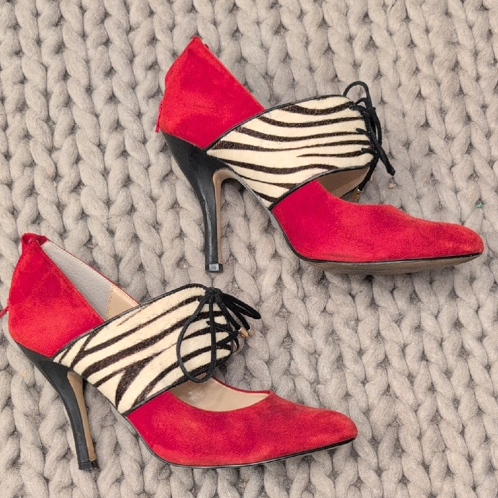 Isola Red Suede & Zebra Print Pointed-Toe Heels | 3” Heel | Size 9